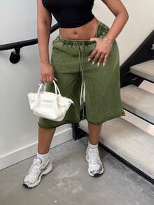 Alexandranx 女士春夏街头风复古水洗做旧舒适牛仔效果黑色短裤 - 軍綠色 - 查看 4