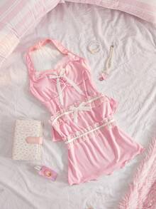 SweetSlumber Sweet Romantic Contrast Color Lace Bow Patchwork Ruched Comfortable Jacquard Knit 2pcs Women's Pajama Top - Pink - View 6