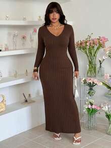 SHEIN EZwear Plus Solid V Neck Bodycon Dress Date Night Dress, Winter - Brown - View 4