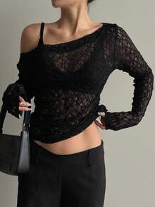 Dazy Tall Women's Asymmetric Shoulder Long Sleeve Textured Semi-Sheer Casual Top Fall - Black - View 5
