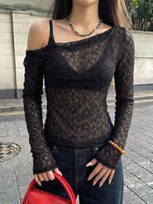 Dazy Tall Women's Asymmetric Shoulder Long Sleeve Textured Semi-Sheer Casual Top Fall - Black - View 7
