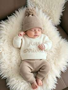 SHEIN 3Pcs Set White Autumn Baby Hospital Arrival Announcement Outfit Graphic Knitted Tops And Pants With Hat Newborn Photo Shoot Props Family Matching - Multicolor - View 2