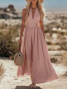 SHEIN LUNE Women's Textured Shirred Halter Neck Pleated Vacation Dress Vacation Dusty Pink Summer Elegant - Pink - View 8