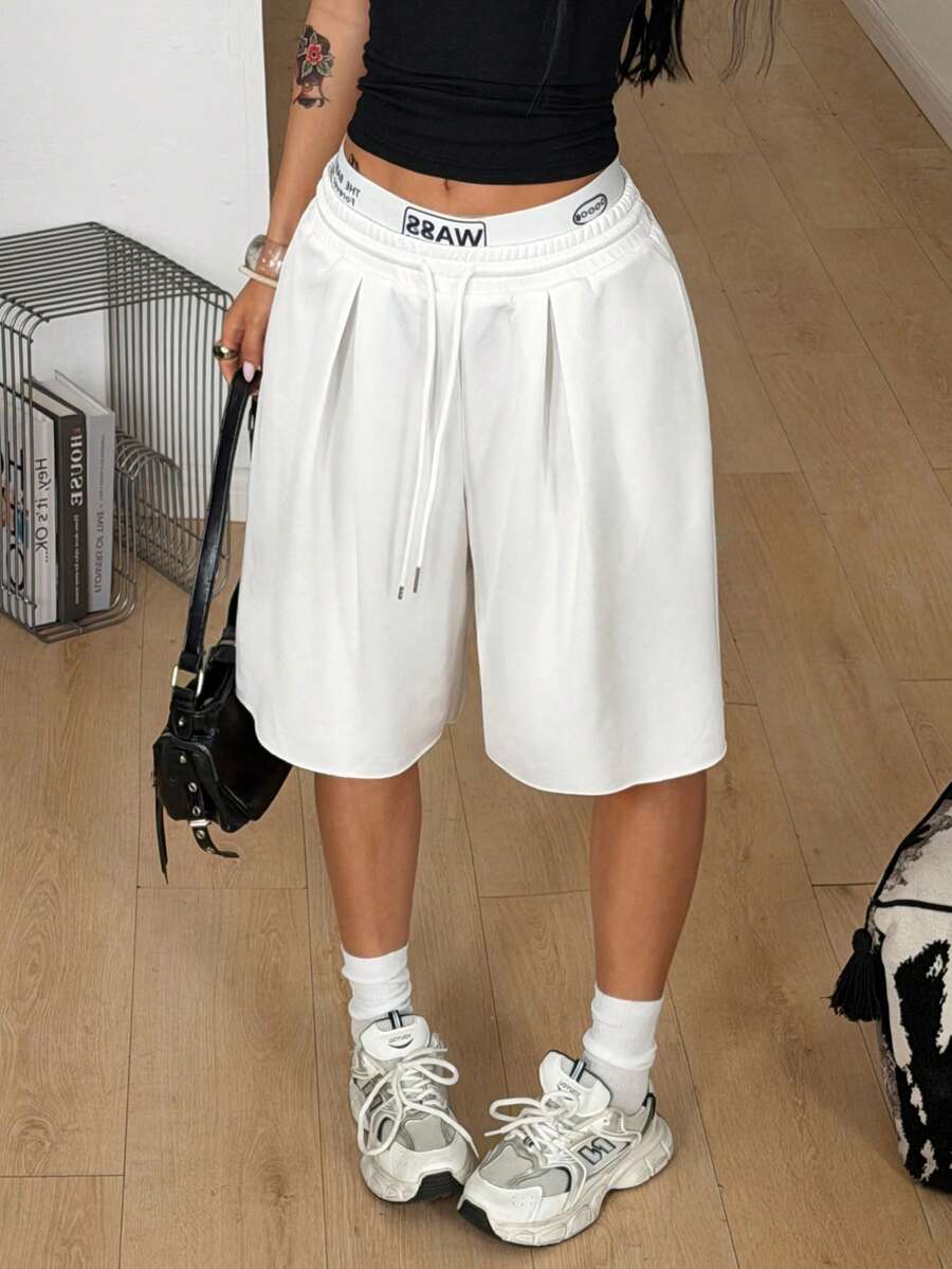 Coolane 女款春季街頭風日常穿搭返校休閒運動基本款寬鬆低腰百慕達開襠長褲 - 白色 - 查看 1