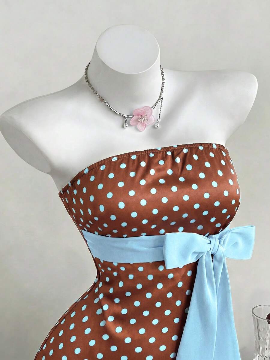 Elamini Women's Polka Dot Bow Decor Casual Daily Summer Dress - Brown - View 1