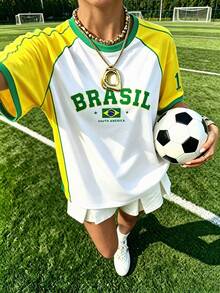 EMERY ROSE Plus Size Women's Casual Cowboy T-Shirt, Vintage Brazil Team White Striped Print Football T-Shirt, Suitable For Daily Wear Vacation Summer - Black - View 3