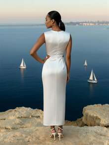 CAJUNI Women's Solid Color Deep V-Neck Cutout Waist Sexy Fashion Sleeveless Dress,White Dresses For Women - White - View 2
