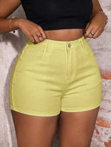 Slaydiva Plus Size Women'S Pocket Button Casual Versatile Daily Travel Denim Shorts Vacation Outfits - Yellow - View 4