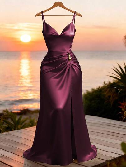 Franclia Vestido largo de mujer talla grande color albaricoque, satén brillante, cuello drapeado, cintura ceñida, bajo drapeado con gran decoración de herrajes metálicos, abertura lateral, tirantes finos, hombros descubiertos, espalda descubierta, estilo francés elegante vintage, formal, oficina, casual, vacaciones, té de la tarde, estilo callejero, minimalista, versátil, old money, australiano, hogar, ocio, cómodo, elegante, primavera, verano, nuevo