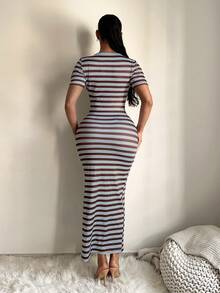 SHEIN SXY 女款純色V領修身短袖洋裝，雞尾酒洋裝 - 彩色 - 查看 3