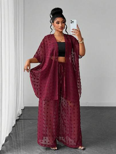 Maweii Women's Plus Size 2-Piece Set Burgundy Loose Long Robe Cardigan With Plus Size Cocoon Sleeves And Wide Leg Pants, Casual Elegant Outfit For Vacation And Streetwear