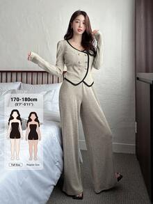 Dazy Tall Setelan Wanita 2 Potong Elegan: Atasan Lengan Pendek dan Celana Panjang Longgar dengan Motif Patchwork Colorblock, Set Pakaian Santai untuk Wanita - Aprikot - View 1