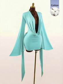 Amplova Romantic Low-Cut Draped Neckline Large Bell Sleeve Bodycon Fitted Mini Dress - Green - View 4