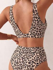 Swim Mod Conjunto de bikini sexy con estampado de leopardo nuevo para primavera/verano 2026, traje de baño de dos piezas con cuello halter - Multicolor - Ver 2