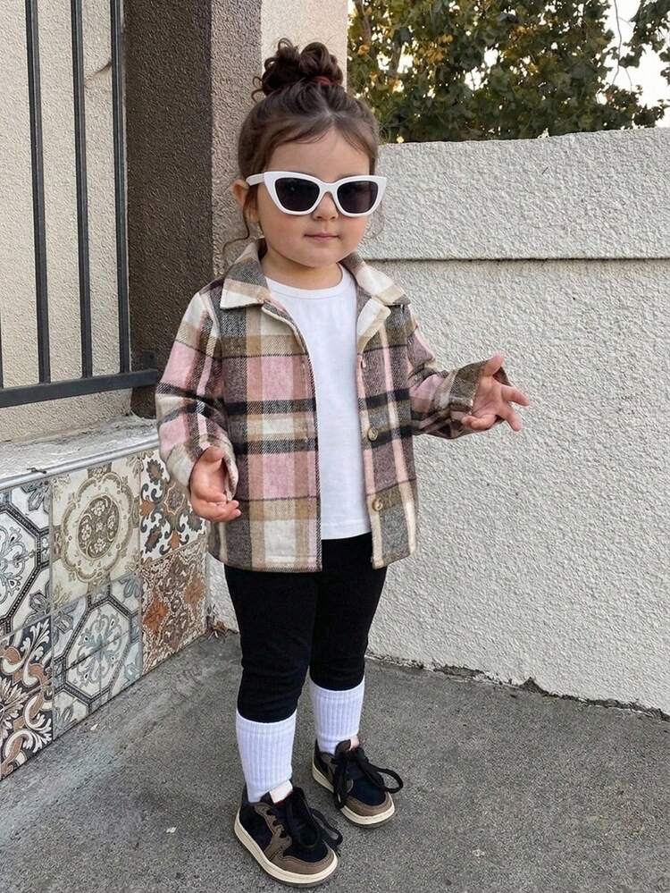 SHEIN Baby Girl Front Button Fake Pocket Plaid Shirt Pants Casual Basic 2pcs Set Back-To-School Photoshoot White Autumn - Pink - View 3
