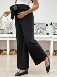 SHEIN Maternity Casual Versatile Solid Color Tie Waist Pants - Black - View 2