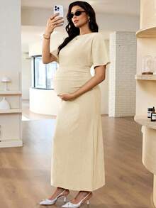 MaterniWear Maternity Solid Color Round Neck Short Sleeve Ruched Fitted Dress Photoshoot Summer - Apricot - View 7