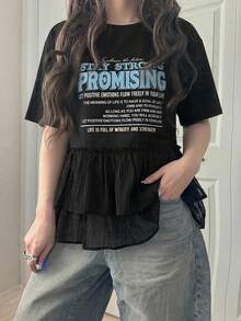 Dazy Plus Round Neck Contrast Color Letter Print Pattern Sleeve Patchwork Chiffon Hem Casual Versatile Black T-Shirt For Girls - Black - View 5