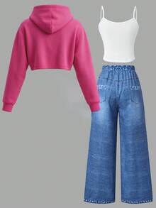 SHEIN 女童 3 件套：洋紅色連帽衛衣、純色細肩帶背心上衣與寬腿長褲，附卡通女孩與星星塗鴉印花，寬鬆版型，適合校園與外出穿搭 - 玫紅色 - 查看 2