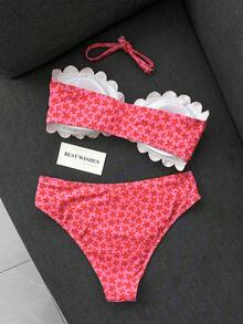 Swim Mod 女款泳衣，女孩，鏤空花瓣邊飾平口式，甜美可愛，碎花印花，紋理羅紋布料 - 彩色 - 查看 3