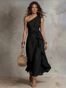 Solivie Women's Solid Color One-Shoulder Patchwork Ruffle Sleeveless Elegant Dress - Black - View 7