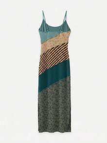 Nöista Vestido Maxi con Bloques de Color y Tirantes de Espagueti con Estampados Mixtos en Paneles de Patchwork, Suave y Elástico - Multicolor - Ver 10