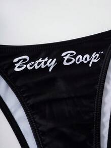 Betty Boop x SHEIN 女款夏季海灘卡通印花掛脖綁帶性感時尚比基尼兩件式泳衣套裝，附豹紋印花罩衫上衣 - 黑色 - 查看 5
