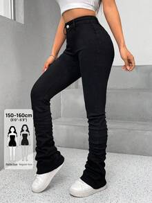 SHEIN PETITE Jeans de bolsillo inclinado apilados de unicolor, para mujeres petite - Negro - View 1
