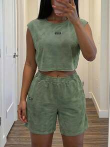 Slaydiva Round-Neck Sleeveless Loose Vest + Five-Pocket Pants In Military Green, With Elastic Waist And Imitation Snowflake Fabric. New Style For Summer, Music Festival, Valentine's Day, Easter, Casual, Minimalist, Basic Style, Y2K, Street Sweet Style. Best-Selling, For Daily Date, Women's Two Pieces Set - A - Army Green - View 11