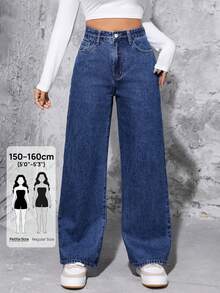 SHEIN PETITE High Waist Wide Leg Jeans ,Petite Women - Dark Wash - View 1
