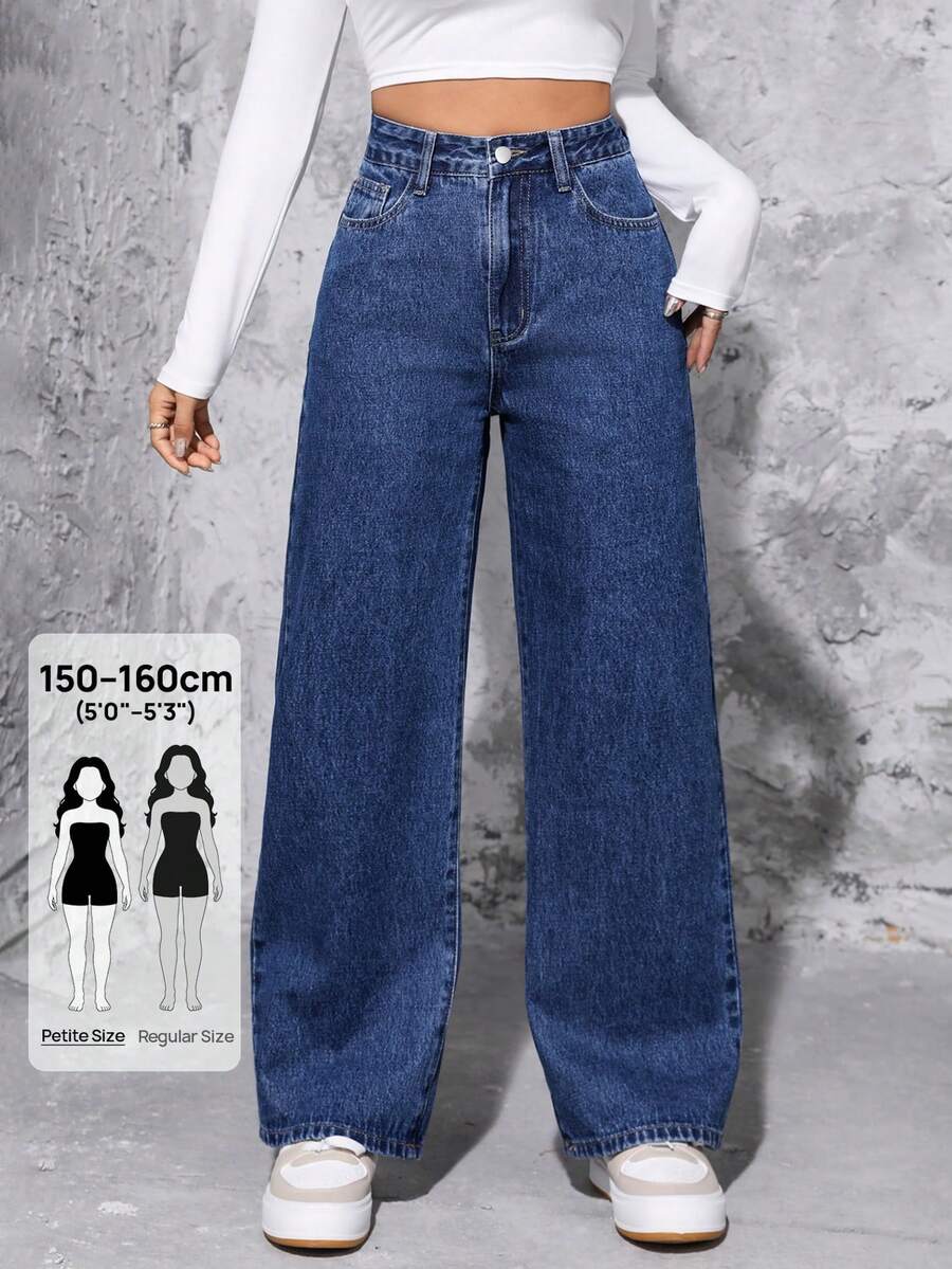 SHEIN PETITE High Waist Wide Leg Jeans ,Petite Women - Dark Wash - View 1