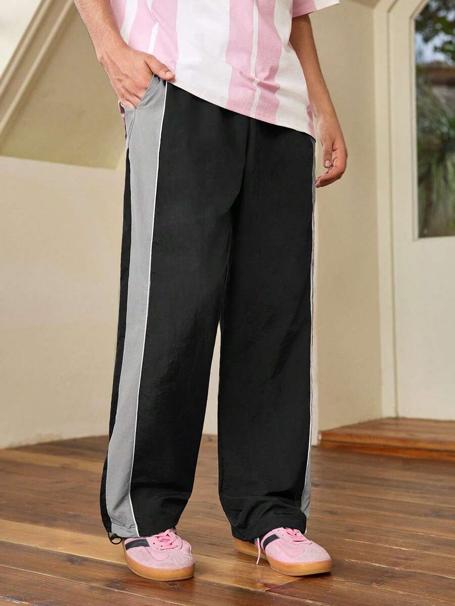 Whitmere Men's Loose Straight Leg Pants, Nylon Fabric, Men's Jogging Pants, Fashionable Drawstring Hem, Contrast Color Design, Streetwear For Spring And Autumn - Black - View 1