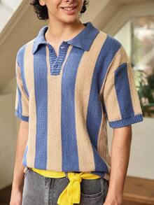 Whitmere 新款春夏男士针织条纹 Polo 领休闲宽松商务通勤针织上衣 - 藏蓝色 - 查看 6