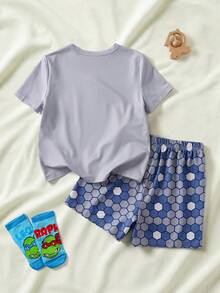 TEENAGE MUTANT NINJA TURTLES | SHEIN 小男孩卡通印花鈕扣半開襟上衣與幾何印花短褲居家服套裝 - 灰色 - 查看 2