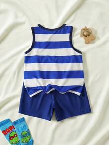 TEENAGE MUTANT NINJA TURTLES | SHEIN Setelan Pakaian Santai Anak Laki-Laki: Tank Top dan Celana Pendek Motif Kartun Garis-Garis Warna Blok - Biru - View 2