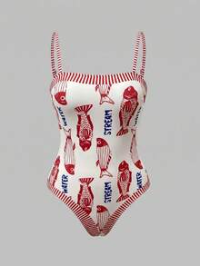 Swim Oasis 女款字母魚紋印花連身泳衣與短褲套裝，適合海灘度假、泳池派對、海灘派對 - 彩色 - 查看 4
