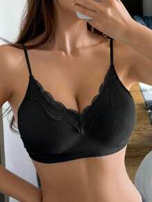DAZY Lace Patchwork Seamless Slight Push-Up Adjustable Spaghetti Strap Bra Women's Lingerie - Black - View 1