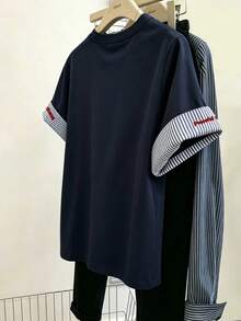 Resyla Plus Size Summer Casual Striped Patchwork Cartoon Embroidered Top - Royal Blue - View 2
