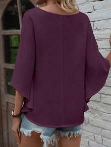 EMERY ROSE Casual Solid Color Batwing Sleeve Shirt, Summer Holiday Vacation Dark Purple - Purple - View 2