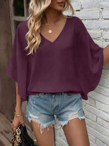EMERY ROSE Casual Solid Color Batwing Sleeve Shirt, Summer Holiday Vacation Dark Purple - Purple - View 3
