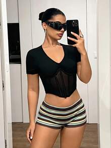 SHEIN ICON 女款夏季條紋彈性腰休閒百搭短褲 - 彩色 - 查看 4