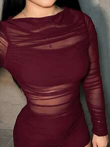 Dayanna Comas Mesh Ruched Patchwork Bodysuit With Long Sleeves Dark Red Dress See Through Dress Mesh Dress - Burgundy - View 5