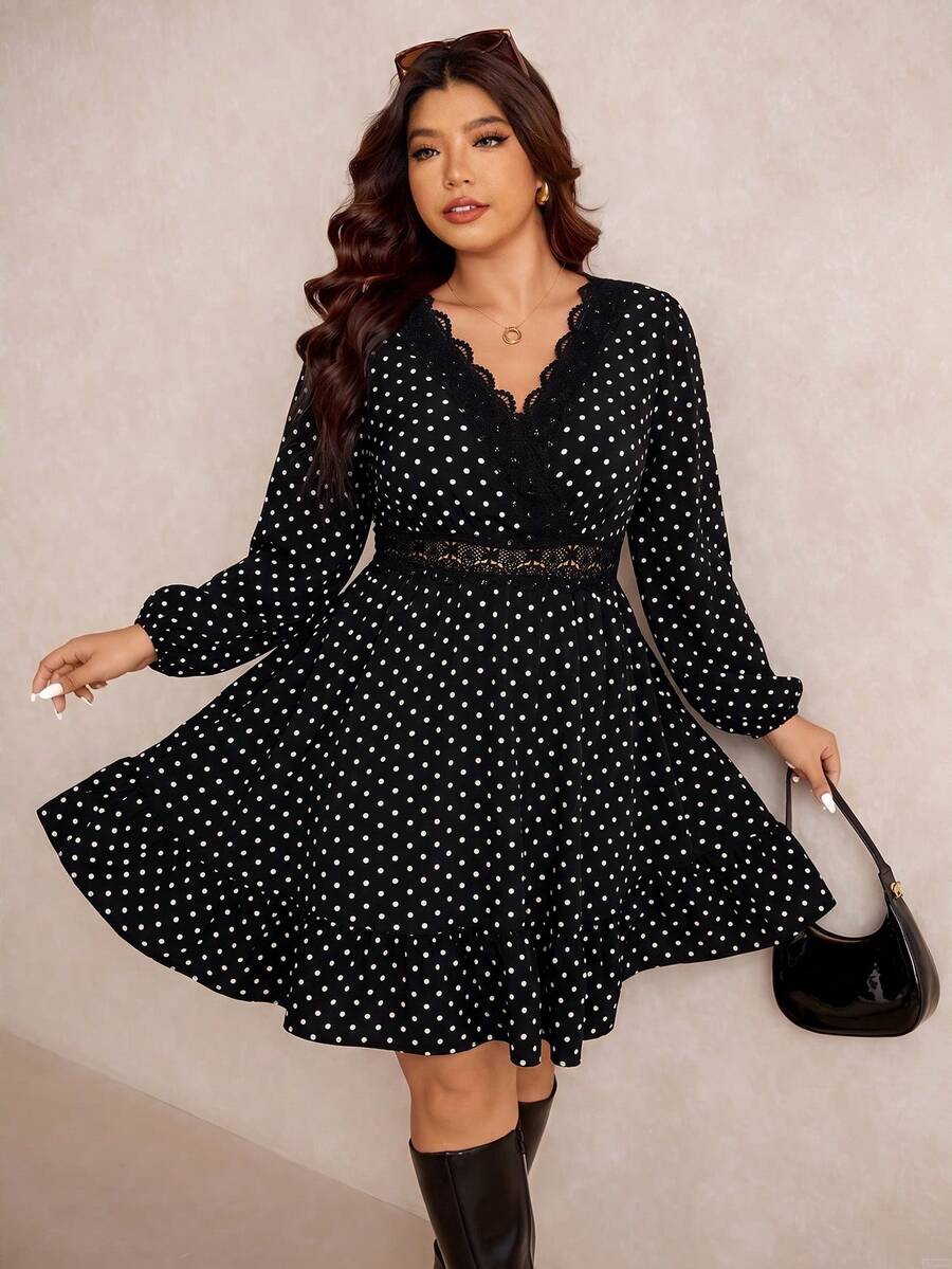 Elaquor Plus Size French Polka Dot Print Lace Patchwork Dress Fall