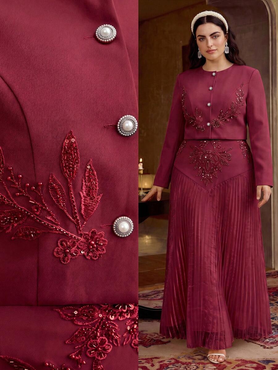 ZEYLAH 大尺碼女款花卉刺繡圖案單排扣休閒百搭通勤旅行長袖西裝外套 - 紫色 - 查看 1