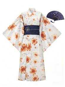 Irokai 日式女款花卉印花收腰前開衩和服浴衣 - 橘色 - 查看 6