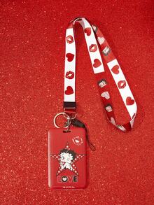 Betty Boop x SHEIN Betty Boo 多功能組合鑰匙圈識別證套，紅色愛心圖案卡套鑰匙圈，包包吊飾 - 紅色 - 查看 4