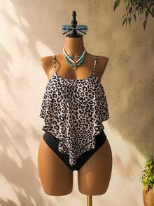 Swim Lushoire Women's Summer Beach Leopard Print Ruffle Tankini Set, Random Print - Multicolor - View 7
