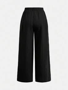 Girlism 青少年女孩休閒梭織紋理蝴蝶結寬鬆寬腿長褲 2件組，休閒度假風 - 杏色 - 查看 6