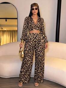 SOLERSUN Elegant Casual Fashion Leopard Print V-Neck Long-Sleeve Loose Top Wide-Leg Pants Two Pieces Set - Brown - View 2