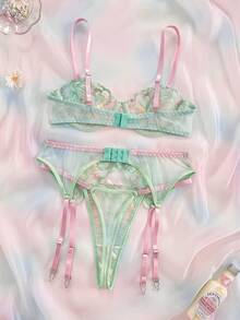 Spicy Aura 3件組彩色女孩刺繡內衣套裝 - 綠色 - 查看 2